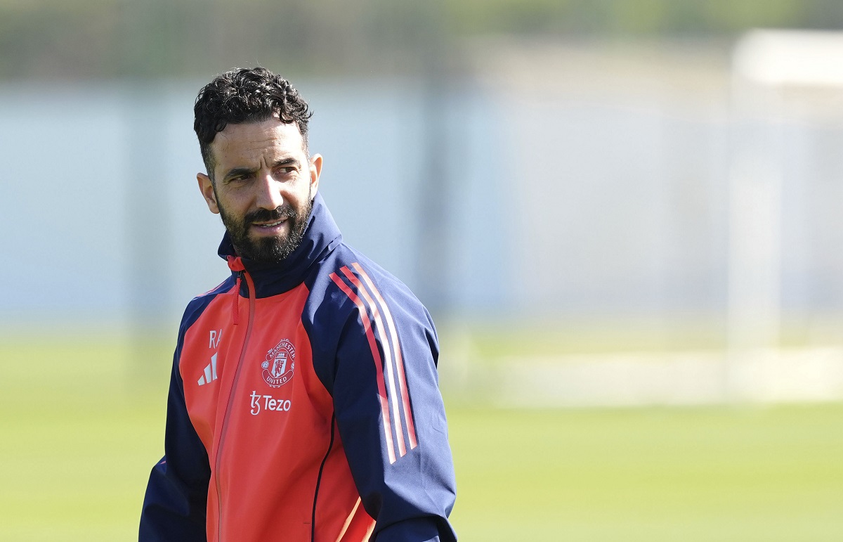 Manchester United manager Ruben Amorim attends a training session ahead of the Europa League quarterfinal first leg soccer match against Lyon, at Trafford Training Centre, Carrington, England, Wednesday, April 9, 2025. (Martin Rickett/PA via AP)