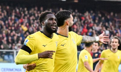 Lazio's Boulaye Dia, left, celebrates scoring during the Serie A soccer match between Genoa and Lazio at the Luigi Ferraris Stadium in Genoa, Italy. Wednesday, April 23, 2025. (Tano Pecoraro/LaPresse via AP)