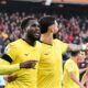 Lazio's Boulaye Dia, left, celebrates scoring during the Serie A soccer match between Genoa and Lazio at the Luigi Ferraris Stadium in Genoa, Italy. Wednesday, April 23, 2025. (Tano Pecoraro/LaPresse via AP)