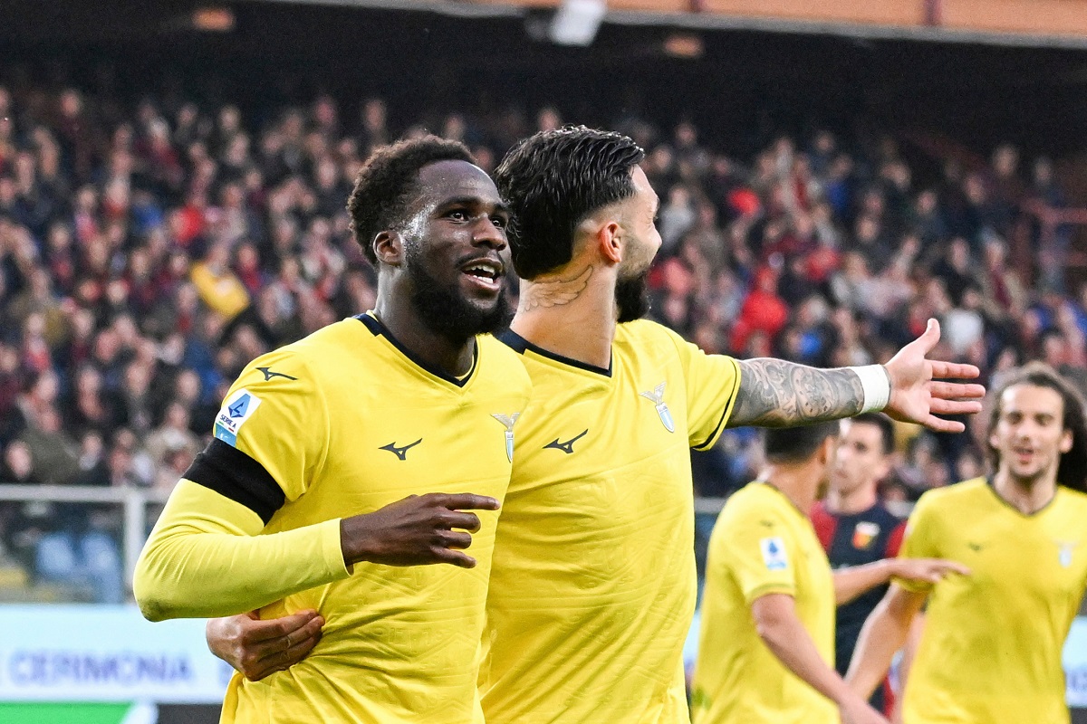Lazio's Boulaye Dia, left, celebrates scoring during the Serie A soccer match between Genoa and Lazio at the Luigi Ferraris Stadium in Genoa, Italy. Wednesday, April 23, 2025. (Tano Pecoraro/LaPresse via AP)