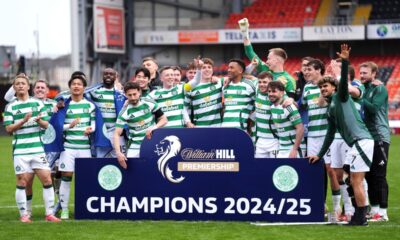 Celtic players celebrate victory in the William Hill Premiership following the William Hill Premiership match between Dundee United and Celtic at Tannadice Park, Dundee, Scotland, Saturday, April 26, 2025. (Andrew Milligan/PA via AP)