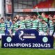 Celtic players celebrate victory in the William Hill Premiership following the William Hill Premiership match between Dundee United and Celtic at Tannadice Park, Dundee, Scotland, Saturday, April 26, 2025. (Andrew Milligan/PA via AP)
