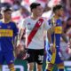 Franco Mastantuono, center, of River Plate celebrates after scoring his team's first goal during a local tournament soccer match in Buenos Aires, Argentina, Sunday, April 27, 2025. (AP Photo/Gustavo Garello)