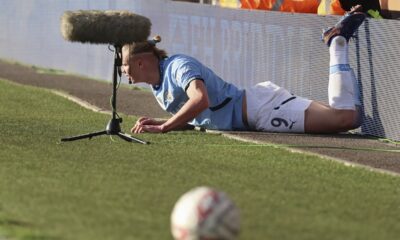 Manchester City's Erling Haaland reacts after sustaining an injury during the English FA Cup quarterfinal soccer match between Bournemouth and Manchester City at the Vitality stadium in Bournemouth, England, Sunday, March 30, 2025. (AP Photo/Ian Walton)