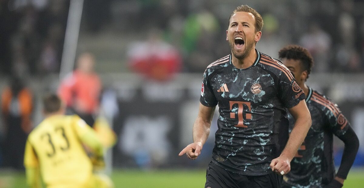 FILE - Bayern's Harry Kane celebrates after scoring the opening goal during the German Bundesliga soccer match between Borussia Moenchengladbach and Bayern Munich in Moenchengladbach, Germany, Saturday, Jan. 11, 2025. (AP Photo/Martin Meissner, file)