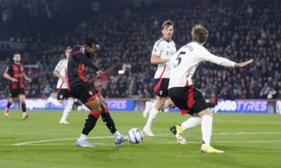 Bournemouth's Antoine Semenyo, center left, scores their side's first goal of the game during the English Premier League soccer match between Bournemouth and Fulham at the Vitality Stadium, Bournemouth, England, Monday, April 14, 2025. (John Walton/PA via AP)
