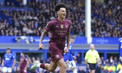 Manchester City's Nico O'Reilly celebrates scoring during the English Premier League soccer match between Everton and Manchester City at Goodison Park, Liverpool, England, Saturday April 19, 2025. (Peter Byrne/PA via AP)