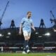 Manchester City's Kevin De Bruyne during the English Premier League soccer match between Manchester City and Aston Villa at Etihad stadium in Manchester, England, Tuesday, April 22, 2025. (AP Photo/Jon Super)