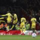Crystal Palace's Jean-Philippe Mateta, left, celebrates with teammates after scoring his sides second goal during the English Premier League soccer match between Arsenal and Crystal Palace at Emirates stadium in London, Wednesday, April 23, 2025. (AP Photo/Ian Walton)