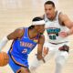 Oklahoma City Thunder guard Shai Gilgeous-Alexander (2) handles the ball against Memphis Grizzlies guard Desmond Bane (22) in the second half of Game 3 of an NBA first-round playoff series Thursday, April 24, 2025, in Memphis, Tenn. (AP Photo/Brandon Dill)