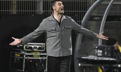 Celje's head coach Albert Riera reacts during the Europa Conference League first-leg quarterfinal soccer match between Celje and Fiorentina in Celje, Slovenia, Thursday, April 10, 2025. (AP Photo/Igor Kupljenik)