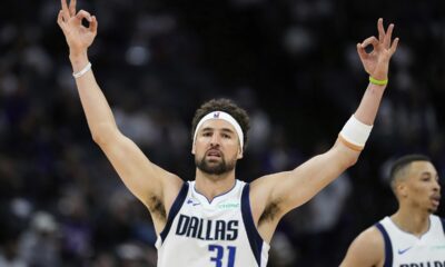 Dallas Mavericks guard Klay Thompson (31) reacts after making a 3-point basket against the Sacramento Kings during the second half of an NBA play-in tournament basketball game Wednesday, April 16, 2025, in Sacramento, Calif. (AP Photo/Godofredo A. Vásquez)