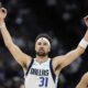Dallas Mavericks guard Klay Thompson (31) reacts after making a 3-point basket against the Sacramento Kings during the second half of an NBA play-in tournament basketball game Wednesday, April 16, 2025, in Sacramento, Calif. (AP Photo/Godofredo A. Vásquez)