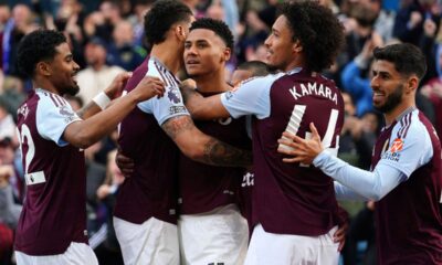 Aston Villa's Ollie Watkins, center, celebrates scoring with teammates during the English Premier League soccer match between Aston Villa and Newcastle United at Villa Park, Birmingham, England, Saturday April 19, 2025. (David Davies/PA via AP)