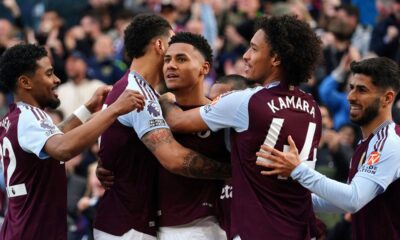 Aston Villa's Ollie Watkins, center, celebrates scoring with teammates during the English Premier League soccer match between Aston Villa and Newcastle United at Villa Park, Birmingham, England, Saturday April 19, 2025. (David Davies/PA via AP)