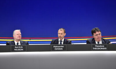 UEFA Congress in Belgrade Sava Centre. KARL ERIK NILSSON, ALEKSANDER CEFERIN, THEODORE THEODORIDIS Belgrade, 03.04.2025. foto: MN Press Photo FOOTBALL, UEFA CONGRESS