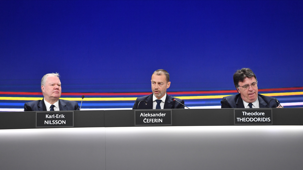 UEFA Congress in Belgrade Sava Centre. KARL ERIK NILSSON, ALEKSANDER CEFERIN, THEODORE THEODORIDIS Belgrade, 03.04.2025. foto: MN Press Photo FOOTBALL, UEFA CONGRESS