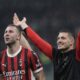 AC Milan's Strahinja Pavlovic, left, and Luka Jovic celebrate after the Italian Cup semifinal second leg soccer match between Inter Milan and AC Milan at the San Siro stadium in Milan, Italy, Wednesday, April 23, 2025. (AP Photo/Luca Bruno)
