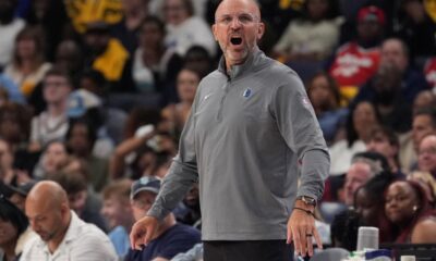 Dallas Mavericks head coach Jason Kidd yells to his players during the first half of an NBA play-in tournament basketball game against the Memphis Grizzlies, Friday, April 18, 2025, in Memphis, Tenn. (AP Photo/George Walker IV)