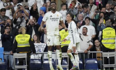 Real Madrid's Aurelien Tchouameni celebratea after scoring during the Spanish Copa del Rey semifinal second leg soccer match between Real Madrid and and Real Sociedad in Madrid, Spain Tuesday, April 1, 2025. (AP Photo/Bernat Armangue)
