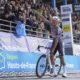Mathieu van der Poel, of the Netherlands, celebrates as he crosses the finish line to win the Paris-Roubaix cycling race in Roubaix, France, Sunday, April 13, 2025. (AP Photo/Thibault Camus)