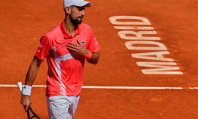 Novak Djokovic of Serbia competes against Matteo Arnaldi of Italy at the Madrid Open tennis tournament in Madrid, Spain, Saturday, April 26, 2025. (AP Photo/Manu Fernandez)