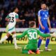Newcastle United's Jacob Murphy, left, celebrates scoring their side's second goal of the game during the English Premier League soccer match between Leicester City and Newcastle United at the King Power Stadium, Leicester, England, Monday, April 7, 2025. (Mike Egerton/PA via AP)