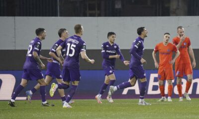 Fiorentina's Rolando Mandragora celebrates after scoring during the Europa Conference League soccer match between Fiorentina and NK Celje at the Artemio Franchi stadium in Florence, Italy, Thursday, April 17, 2025. (Marco Bucco/LaPresse via AP)