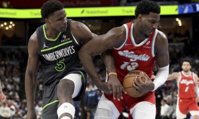 Memphis Grizzlies forward Jaren Jackson Jr. (13) handles the ball against Minnesota Timberwolves guard Anthony Edwards (5) in the second half of an NBA basketball game Thursday, April 10, 2025, in Memphis, Tenn. (AP Photo/Brandon Dill)