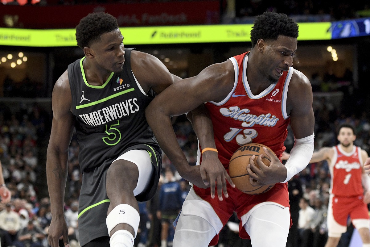 Memphis Grizzlies forward Jaren Jackson Jr. (13) handles the ball against Minnesota Timberwolves guard Anthony Edwards (5) in the second half of an NBA basketball game Thursday, April 10, 2025, in Memphis, Tenn. (AP Photo/Brandon Dill)
