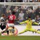 Newcastle United's Harvey Barnes, second left, scores his side's third goal during the English Premier League soccer match between Newcastle United and Manchester United in Newcastle upon Tyne, England, Sunday, April 13, 2025. (Owen Humphreys/PA via AP)