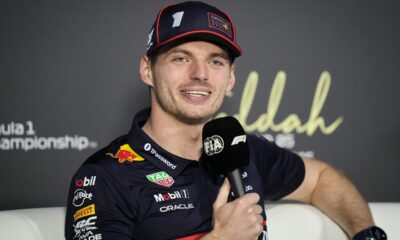 Red Bull driver Max Verstappen of the Netherlands speaks during a news conference ahead of the Formula One Saudi Arabian Grand Prix at the Jeddah Corniche Circuit in Jeddah, Saudi Arabia, Thursday, April 17, 2025. (AP Photo/Darko Bandic)