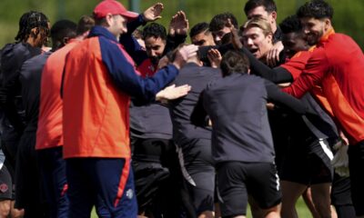 Manchester United manager Ruben Amorim with players during a training session at the Carrington Training Centre, Manchester, England, Wednesday May 7, 2025, one day ahead of their UEFA Europa League semifinal second leg soccer match against Athletic Club de Bilbao. (Martin Rickett/PA via AP)