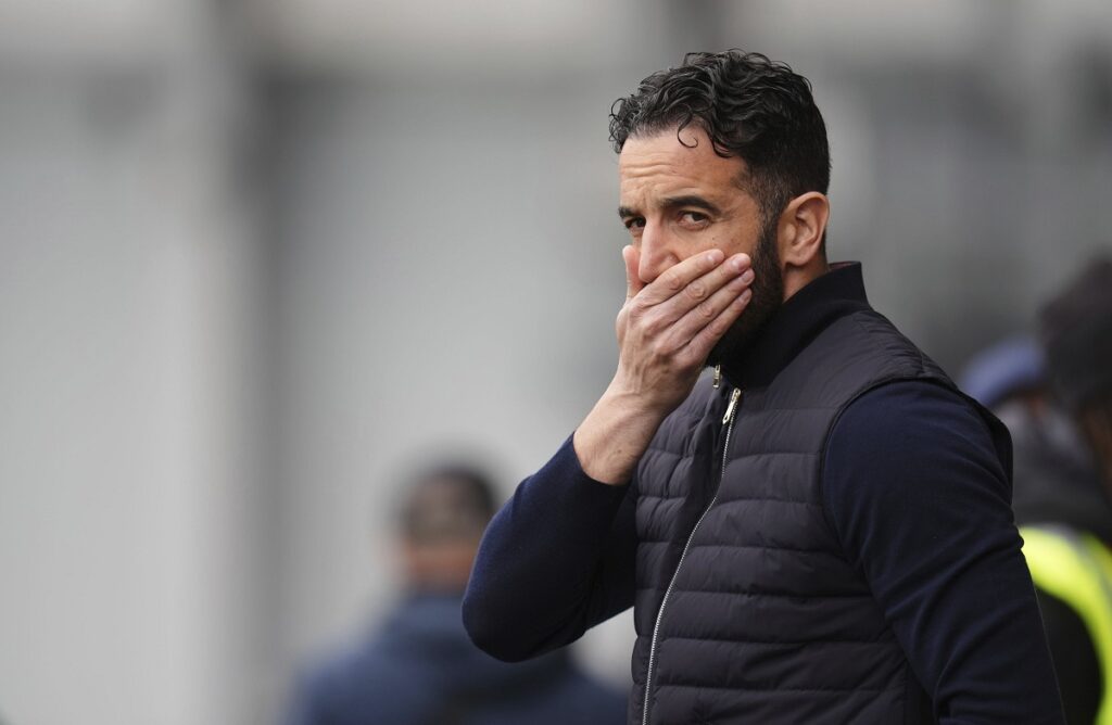 Manchester United manager Ruben Amorim on the touchline before the English Premier League soccer match between Brentford and Manchester United at the Gtech Community Stadium, London, Sunday, May 4, 2025. (John Walton/PA via AP)