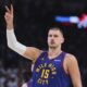 Denver Nuggets' Nikola Jokic gestures in the first half of Game 5 of an NBA basketball second-round playoff series against the Oklahoma City Thunder Tuesday, May 13, 2025, in Oklahoma City. (AP Photo/Nate Billings)