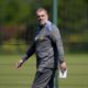 Tottenham Hotspur manager Ange Postecoglou looks on during a training session at Tottenham Hotspur Training Centre, London, Monday May 12, 2025. (Ben Whitley/PA via AP)