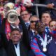 Crystal Palace's head coach Oliver Glasner raises the trophy after his team won the English FA Cup final soccer match between Crystal Palace and Manchester City at Wembley stadium in London, Saturday, May 17, 2025. (AP Photo/Kirsty Wigglesworth)