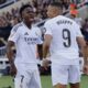 Real Madrid's Vinicius Junior, left, and Kylian Mbappe celebrate after a goal during the La Liga soccer match between Barcelona and Real Madrid in Barcelona, Spain, Sunday, May 11, 2025. AP Photo/Joan Monfort)