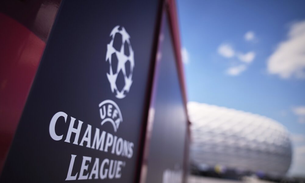 The Champions League logo is placed outside the stadium before a training session ahead of the Champions League final soccer match between Paris Saint-Germain and Inter Milan at the Allianz Arena in Munich, Germany, Friday, May 30, 2025. (AP Photo/Matthias Schrader)