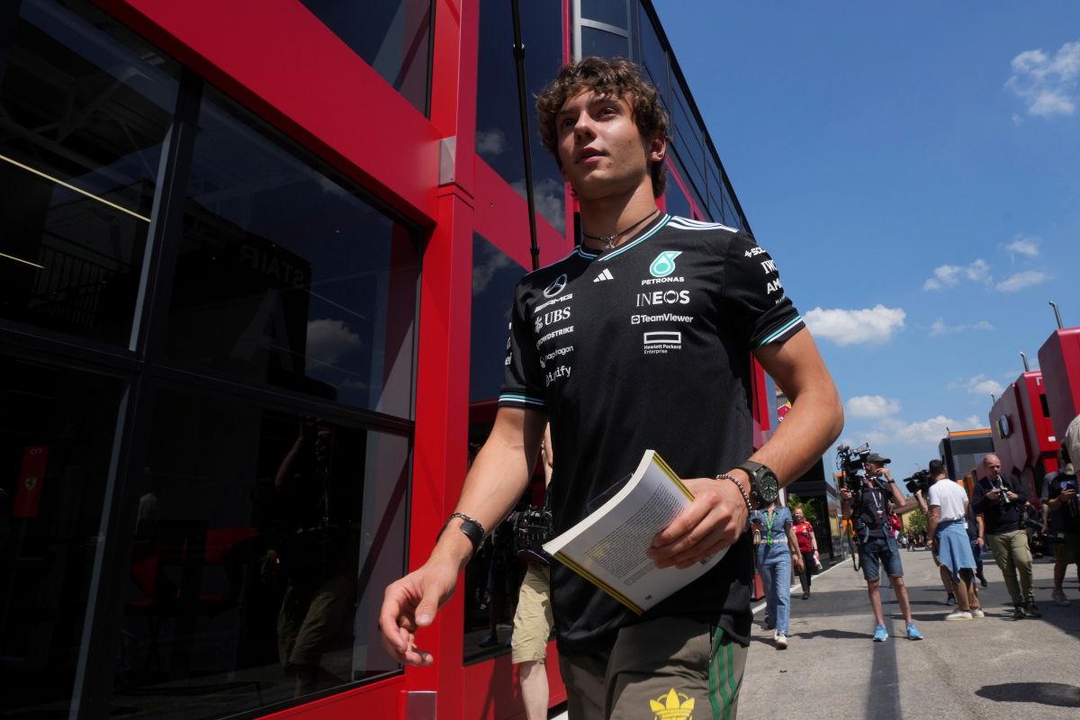 Mercedes driver Andrea Kimi Antonelli of Italy arrives for the first free practice at the Enzo and Dino Ferrari racetrack, ahead the Italy's Emilia Romagna Formula One Grand Prix, in Imola, Italy, Friday, May 16, 2025. (AP Photo/Antonio Calanni)