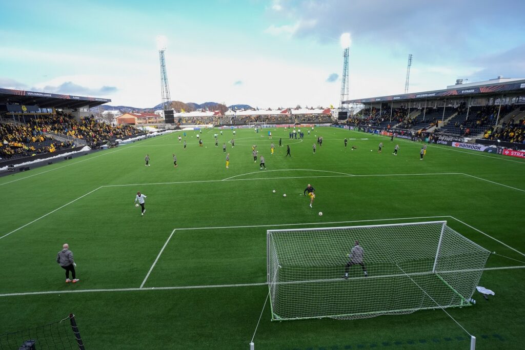 Players warm up before the start of the first leg quarter-final match of the UEFA Europa League between Bodø/Glimt and Lazio at Aspmyra Stadium in Bodo, Norway, Thursday March 13, 2025. (Lise Åserud/NTB Scanpix via AP)