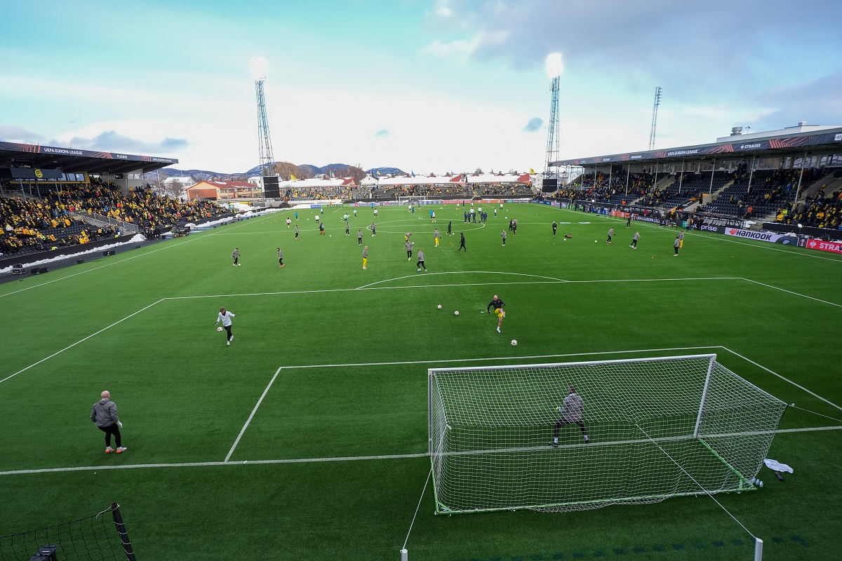 Players warm up before the start of the first leg quarter-final match of the UEFA Europa League between Bodø/Glimt and Lazio at Aspmyra Stadium in Bodo, Norway, Thursday March 13, 2025. (Lise Åserud/NTB Scanpix via AP)