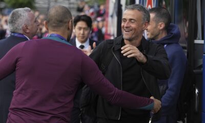 PSG's head coach Luis Enrique arrives for the Champions League semifinal, second leg soccer match between Paris Saint-Germain and Arsenal at the Parc des Princes in Paris, Wednesday, May 7, 2025. (AP Photo/Thibault Camus)