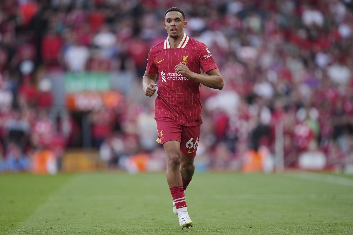 Liverpool's Trent Alexander-Arnold runs during the English Premier League soccer match between Liverpool and Arsenal, at Anfield stadium in Liverpool, England, Sunday, May 11, 2025. (AP Photo/Jon Super)