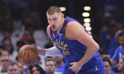 Denver Nuggets center Nikola Jokic advances the ball upcourt against the Oklahoma City Thunder in the first half of Game 5 of an NBA basketball second-round playoff series Tuesday, May 13, 2025, in Oklahoma City. (AP Photo/Nate Billings)