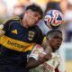 Benfica's Florentino Luis, right, and Boca Juniors' Carlos Palacios go for a header during the Club World Cup group C soccer match between Boca Juniors and Benfica in Miami Gardens, Fla., Monday, June 16, 2025. (AP Photo/Rebecca Blackwell)