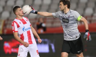 VLADIMIR STOJKOVIC golman fudbalera Partizana na utakmici finala Kupa Srbije i NIKOLA KRSTOVIC iz Crvene zvezde na stadionu Rajko Mtiic, Beograd 25.05.2021. godine Foto: Marko Metlas Fudbal, Crvena zvezda, Kup Srbije, Partizan