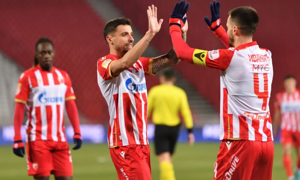 RADE KRUNIC i MIRKO IVANIC fudbaleri Crvene zvezde na utakmici Superlige Prvenstva Srbije protiv Cukarickog na stadionu Rajka Mitica, Beograd, 22.12.2024. godine Foto: Marko Metlas Fudbal, Crvena zvezda, Superliga Prvenstvo Srbije, Cukaricki