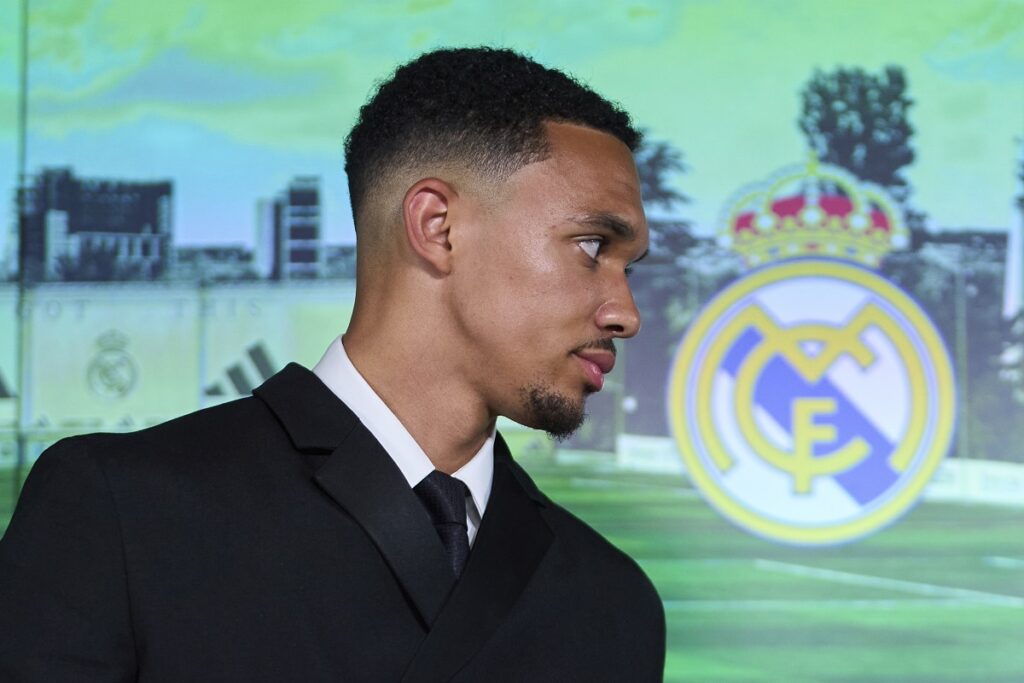 Real Madrid's new signing soccer player Trent Alexander-Arnold arrives for a press conference during his official presentation at Real Madrid's Valdebebas training ground in Madrid, Spain, Thursday, June 12, 2025. (AP Photo/Manu Fernandez)