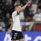 Germany's Florian Wirtz celebrates afater scoring his side's first goal during the Nations League semifinal soccer match between Portugal and Germany at the Munich Football Arena, in Munich, Germany, Wednesday, June 4, 2025. (AP Photo/Matthias Schrader)